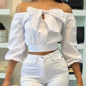 Roaso Bateau Neck Long Sleeve Bow Tie Crop Top